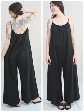 No 6 Store Eve Black Linen Eyelet Wide Leg Jumpsuit Medium M